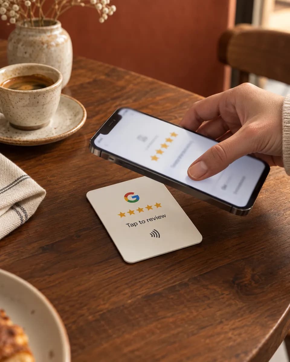 A guest holding a phone over an NFC Google review card on a café table
