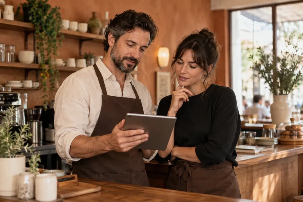 Two local business owners looking over a tablet together at their counter