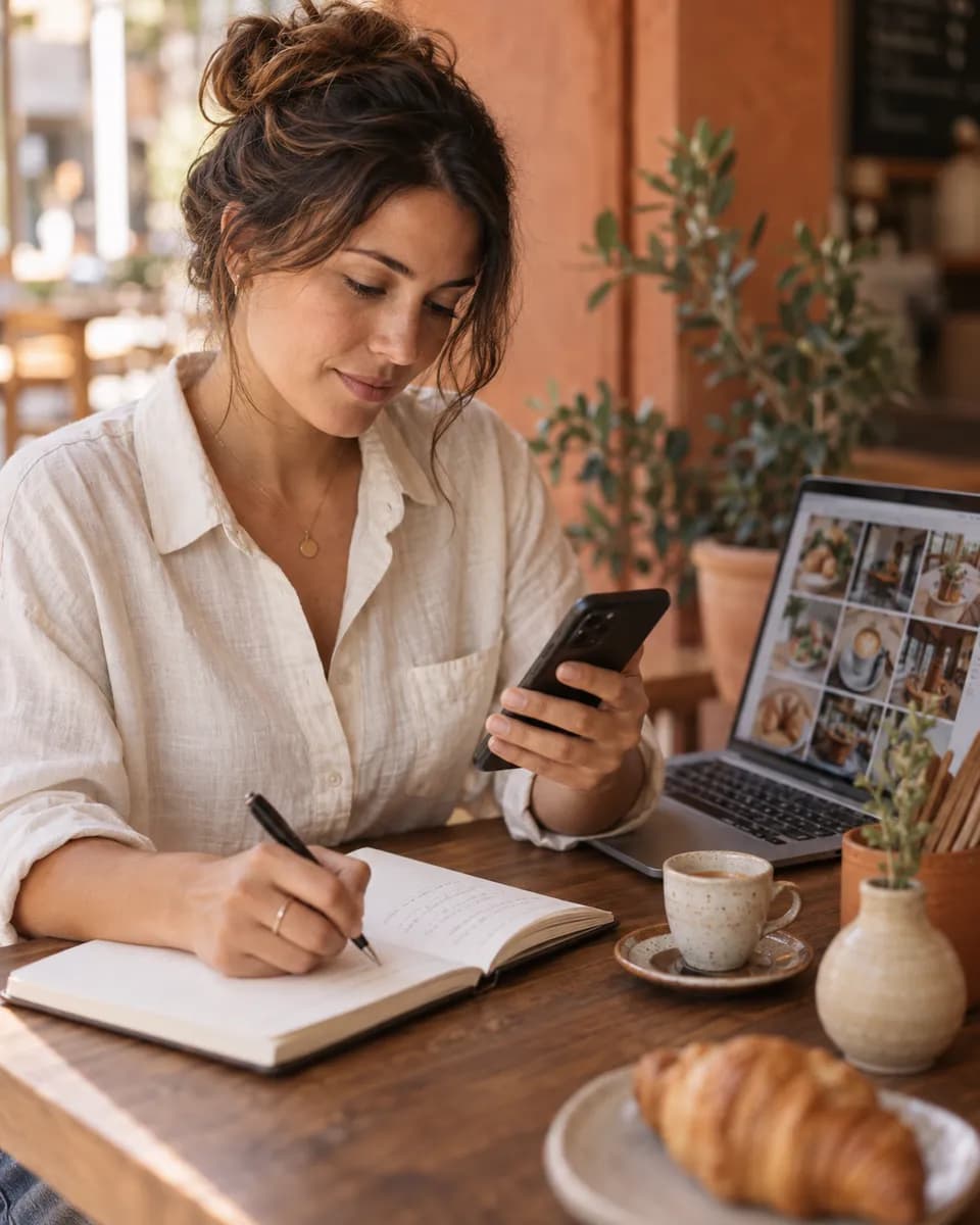 A local business owner reviewing social content on her phone and making notes beside a laptop