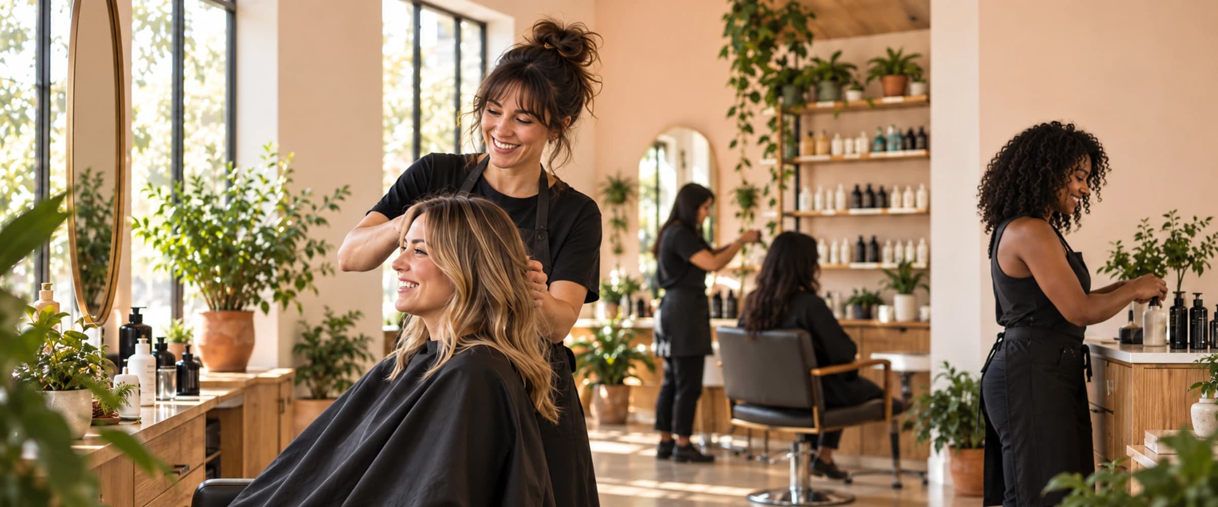 Salon owner working with a client while AutoFlowDesk handles incoming calls